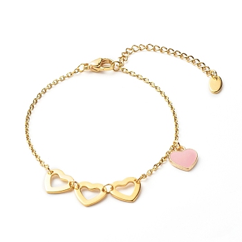 Heart Alloy Enamel Charm Bracelet for Valentine's Day, with Ion Plating(IP) 304 Stainless Steel Findings, Pink, 7.48 inch(190mm)