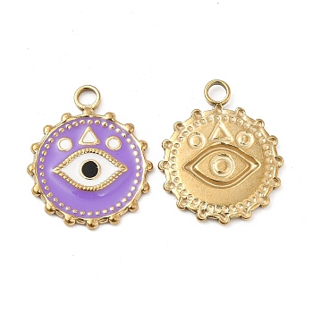 Vacuum Plating 201 Stainless Steel Enamel Pendants, Real 18K Gold Plated, Flat Round with Eye Charm, Medium Purple, 21.5x18x1.5mm, Hole: 2.6mm