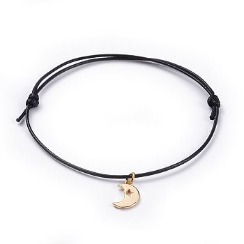 Cord Bracelets, with Eco-Friendly Korean Waxed Polyester Cord and Brass Charms, Moon, Golden, Black, 2-1/2 inch~3-3/8 inch(6.5~8.6cm)