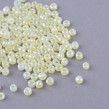 (Repacking Service Available) Glass Seed Beads, Ceylon, Round, Light Goldenrod Yellow, 6/0, 4mm, Hole: 1.5mm, about 12g/bag