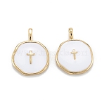 Brass Enamel Pendants, Cadmium Free & Lead Free, Long-Lasting Plated, Flat Round with Cross, White, Real 18K Gold Plated, 18x13.5x2mm, Hole: 4x2.5mm(X-KK-A155-09G)