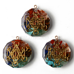 Flat Round Epoxy Resin Pendants, with Natural Amethyst & Lapis Lazuli & Sodalite & Green Aventurine & Tiger Eye & Carnelian & Red Jasper Chips inside, and Brass Sticker, Chakra Theme, 39.5x35x10.5~11.5mm, Hole: 1.8mm(G-R478-22G)