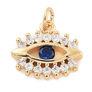 Evil Eye Rack Plating Brass Micro Pave Cubic Zirconia Pendants, Long-Lasting Plated, Lead Free & Cadmium Free, Marine Blue, 13.5x15x2.8mm, Hole: 0.9mm(KK-Z071-69G-03)