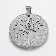 Trendy Flat Round with Tree Necklace Findings 304 Stainless Steel Textured Pendants, Stainless Steel Color, 35x36x2mm, Hole: 8x6mm(STAS-L012-D09P)