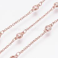 Handmade Brass Cubic Zirconia Chains, Soldered, Long-Lasting Plated, Real Rose Gold Plated, 8x4x2mm(CHC-P0005-04RG)