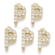 Brass Micro Pave Cubic Zirconia Charms, Nickel Free, Letter, Clear, Real 18K Gold Plated, Letter.P, 13.5x7x2.5mm, Hole: 1.2mm(KK-T060-05-P-G-NF)