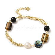Natural Tiger Eye & Shell & Obsidian Link Bracelets, with Brass Paperclip Chains, Real 14K Gold Plated, 6-3/4 inch(17.1cm)(BJEW-C051-35G)