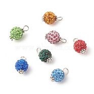 Polymer Clay Rhinestone Pendants, with 304 Stainless Steel Findings & Alloy Beads, Round, Mixed Color, 17x9.5mm, Hole: 3mm(PALLOY-JF01330)