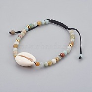 Natural Flower Amazonite Braided Bead Bracelets, with Cowrie Shell, 2 inch~3-1/8 inch(5~8cm)(BJEW-JB04079-01)