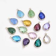 Glass Pendants, with Brass Findings, Faceted, teardrop, Golden, Mixed Color, 22x14x6mm, Hole: 2mm(GLAA-E025-08)