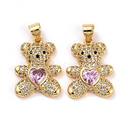 Brass Micro Pave Cubic Zirconia Pendants, Real 18K Gold Plated, Lead Free & Cadmium Free, Bear with Heart, Pearl Pink, 19.5x14.5x4mm, Hole: 4x3.5mm(KK-K258-24A-G-RS)