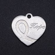 201 Stainless Steel Pendants, Heart with Word Hope & Breast Cancer Awareness Ribbon, Stainless Steel Color, 20x20x1mm, Hole: 1.8mm(STAS-S105-T716)