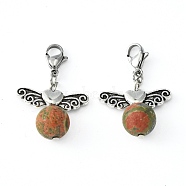Natural Unakite Pendants, with Tibetan Style Beads and Brass Lobster Claw Clasps, 34mm(HJEW-JM00320-07)
