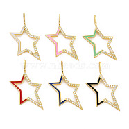 Brass Cubic Zirconia Pendants, with Enamel and Brass Snap on Bails, Real 18K Gold Plated, Star, Nickel Free, Mixed Color, 36x21x4.5mm, Hole: 2x6mm(KK-T004-104-NF)