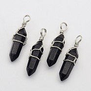 Faceted Bullet Platinum Plated Brass Gemstone Double Terminated Pointed Pendants, Synthetic Blue Goldstone, 38~42x8~9mm, Hole: 3~6mm(G-J265-13)