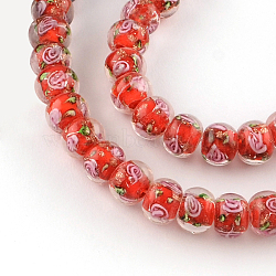 Handmade Rondelle Gold Sand Inner Flower Lampwork Beads, Red, 10~11x8mm, Hole: 1.5~2mm(LAMP-R123-06)