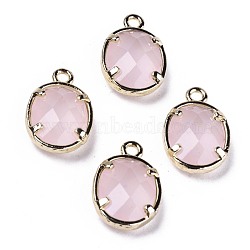 Faceted Synthetic Rose Quartz Charms, with Light Gold Plated Brass Settings, Oval, 14x9.5x4mm, Hole: 1.5mm(G-N326-68)