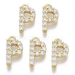 Brass Micro Pave Cubic Zirconia Charms, Nickel Free, Letter, Clear, Real 18K Gold Plated, Letter.P, 13.5x7x2.5mm, Hole: 1.2mm(KK-T060-05-P-G-NF)