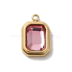 304 Stainless Steel Glass Pendants, Rectangle Charms, Real 14K Gold Plated, Flamingo, 13.5x9x5mm, Hole: 1.4mm(STAS-L022-062G-06)