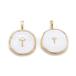 Brass Enamel Pendants, Cadmium Free & Lead Free, Long-Lasting Plated, Flat Round with Cross, White, Real 18K Gold Plated, 18x13.5x2mm, Hole: 4x2.5mm(X-KK-A155-09G)