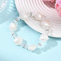 ABS Plastic Imitation Pearl & Glass & Brass Beaded Stretch Bracelets for Women, Shell Shape, White, Inner Diameter: 2.09 inch(5.3cm)(BJEW-JB13803)