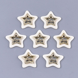 Opaque Acrylic Pendants, with Alloy Findings, Star with Word Love, Light Gold, Creamy White, 29x30x4mm, Hole: 2mm(MACR-T031-06A)