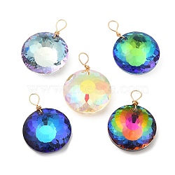Glass Pendants, with Light Gold Brass Loops, Faceted, Flat Round Charms, Mixed Color, 25x18x9mm, Hole: 3.5mm(KK-Q777-10LG)