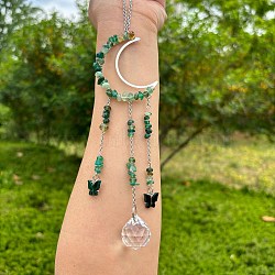 Wire Wrapped Natural Dyed & Heated Green Onyx Agate Chips & Metal Moon Hanging Ornaments, Glass Round Tassel Suncatcher for Window Garden Decoration, 270x50mm(PW-WG7025F-04)