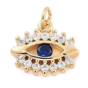 Evil Eye Rack Plating Brass Micro Pave Cubic Zirconia Pendants, Long-Lasting Plated, Lead Free & Cadmium Free, Marine Blue, 13.5x15x2.8mm, Hole: 0.9mm