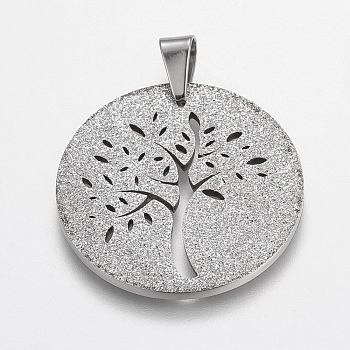 Trendy Flat Round with Tree Necklace Findings 304 Stainless Steel Textured Pendants, Stainless Steel Color, 35x36x2mm, Hole: 8x6mm