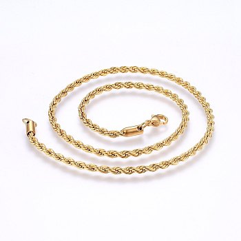 304 Stainless Steel Rope Chain Necklaces, with Lobster Claw Clasps, Real 18K Gold Plated, 19.7 inch(50cm), 4mm