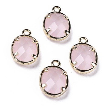 Faceted Synthetic Rose Quartz Charms, with Light Gold Plated Brass Settings, Oval, 14x9.5x4mm, Hole: 1.5mm