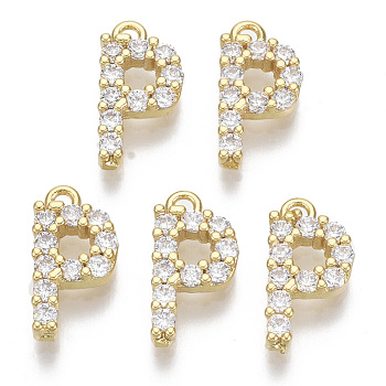 Brass Micro Pave Cubic Zirconia Charms, Nickel Free, Letter, Clear, Real 18K Gold Plated, Letter.P, 13.5x7x2.5mm, Hole: 1.2mm