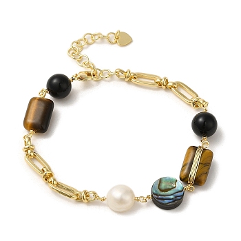 Natural Tiger Eye & Shell & Obsidian Link Bracelets, with Brass Paperclip Chains, Real 14K Gold Plated, 6-3/4 inch(17.1cm)
