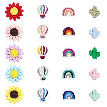 20Pcs 20 Style Silicone Beads, Sunflower & Rainbow & Cactus & Hot Air Balloon, Mixed Color, 17~40x22~40x8~9.5mm, Hole: 2~2.3mm, 1pc/style