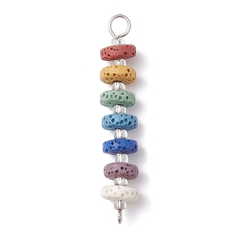 Chakra Natural Lava Rock Dyed Beaded Connector Charms, with Silver Lined Glass Seed Beads, Disc Links, Platinum, 45x8mm, Hole: 1.5mm and 4mm