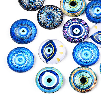 Flatback Glass Cabochons, Half Round/Dome with Evil Eye Pattern, Mixed Color, 12x4mm