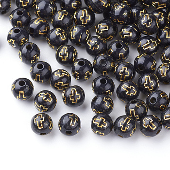 Plating Acrylic Beads, Golden Metal Enlaced, Round with Cross, Black, 8mm, Hole: 2mm, about 1800pcs/500g