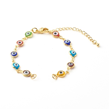 Evil Eye Lampwork Link Chain Bracelet Making, with Brass Lobster Claw Clasps, Colorful, Golden, 6-1/2 inch(16.5cm)