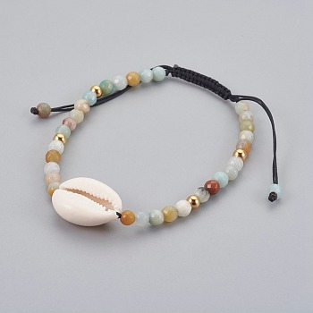 Natural Flower Amazonite Braided Bead Bracelets, with Cowrie Shell, 2 inch~3-1/8 inch(5~8cm)
