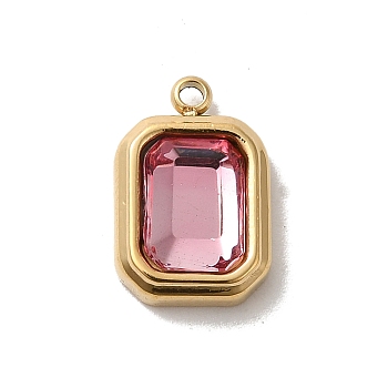 304 Stainless Steel Glass Pendants, Rectangle Charms, Real 14K Gold Plated, Flamingo, 13.5x9x5mm, Hole: 1.4mm