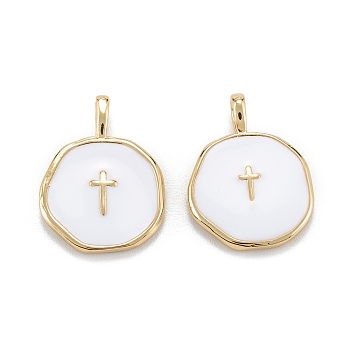 Brass Enamel Pendants, Cadmium Free & Lead Free, Long-Lasting Plated, Flat Round with Cross, White, Real 18K Gold Plated, 18x13.5x2mm, Hole: 4x2.5mm