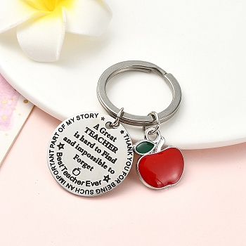 Alloy Enamel & 201 Stainless Steel Keychain, with Alloy Rings, Flat Round, Platinum, 6.2cm, Pendant: 22~30mm