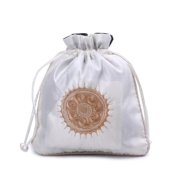 Chinese Style Rectangle Brocade Drawstring Bags, Organza Pouches Gift Jewelry Packaging Bag, White, 15x13cm