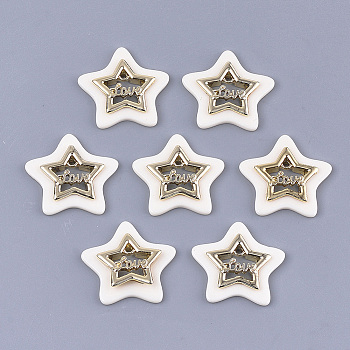 Opaque Acrylic Pendants, with Alloy Findings, Star with Word Love, Light Gold, Creamy White, 29x30x4mm, Hole: 2mm