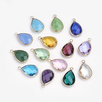 Glass Pendants, with Brass Findings, Faceted, teardrop, Golden, Mixed Color, 22x14x6mm, Hole: 2mm