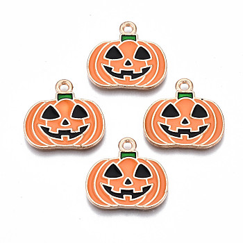 Alloy Enamel Pendants, Halloween, Cadmium Free & Lead Free, Pumpkin, Light Gold, Dark Orange, 19.5x21x1.5mm, Hole: 1.8mm