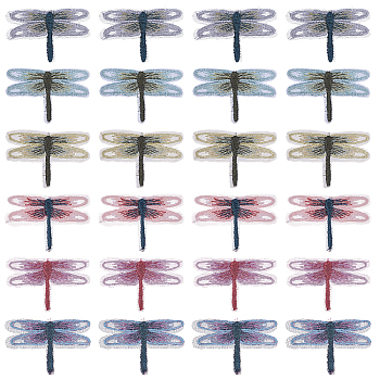 24Pcs 6 Colors Computerized Embroidery Cloth Iron on/Sew on Patches, Costume Accessories, Dragonfly, Mixed Color, 29.5x45.5x1.5mm, 4pcs/color