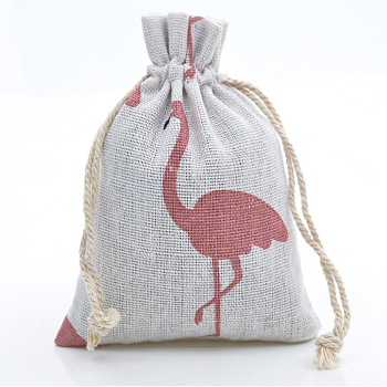 Linenette Drawstring Bags, Rectangle, Flamingo Pattern, 18x13cm
