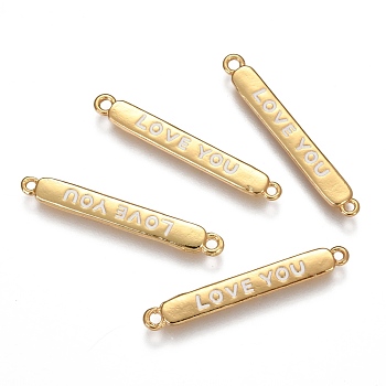 Brass Links Connectors, with  Enamel, Rectangle with Word  LOVE YOU, for Valentine's Day, Real 18K Gold Plated, Wheat, 4x30.5x1.5mm, Hole: 1.2mm